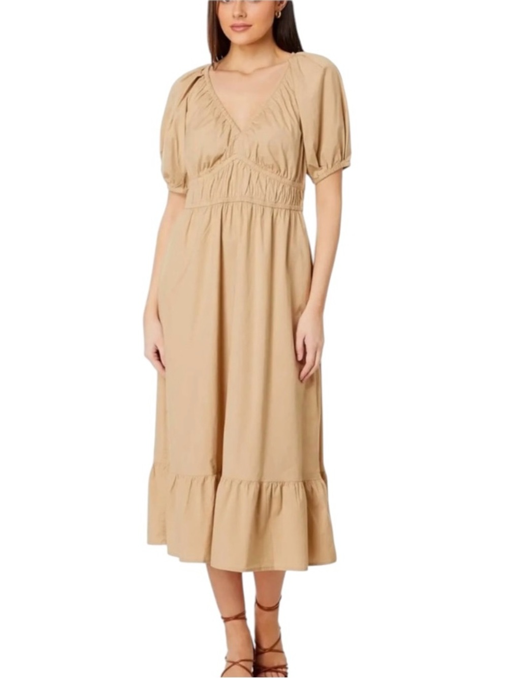 Vineyard Vines Poplin V-Neck Midi Dress Cappuccino Size XL